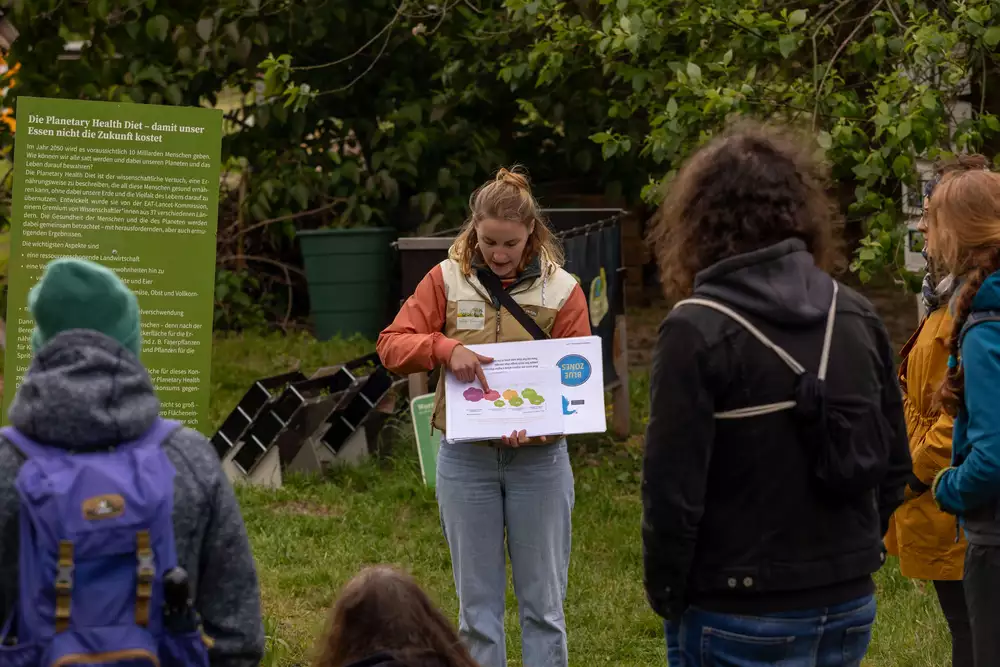 Eine Frau steht im Freien vor einer kleinen Gruppe von Menschen. Sie hält ein aufgeschlagenes Poster mit bunten Grafiken und zeigt mit dem Finger auf eine Stelle. Neben ihr steht eine grüne Informationstafel mit dem Titel „Die Planetary Health Diet – damit unser Essen nicht die Zukunft kostet“.